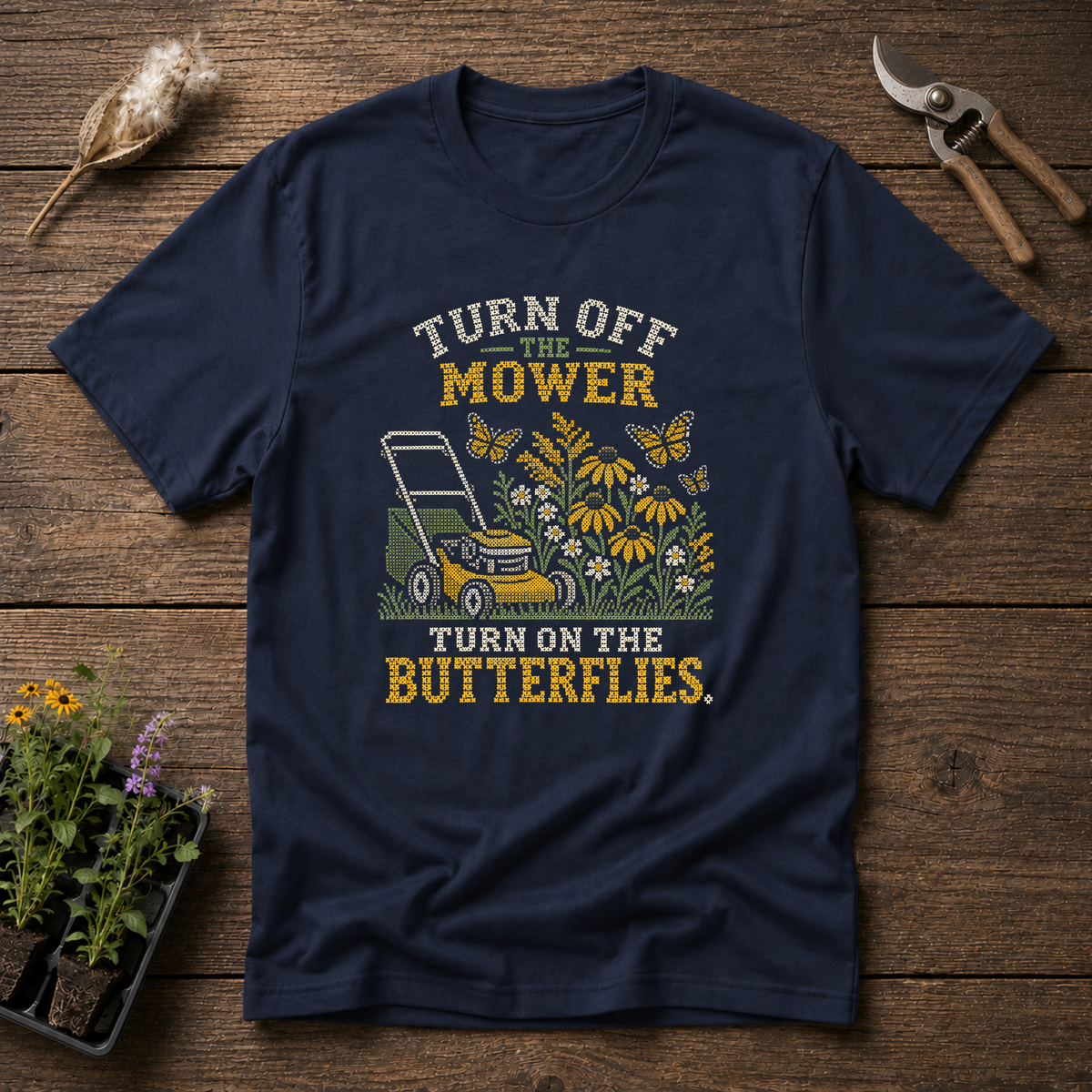 Butterflies Over Mowers T-Shirt in Navy