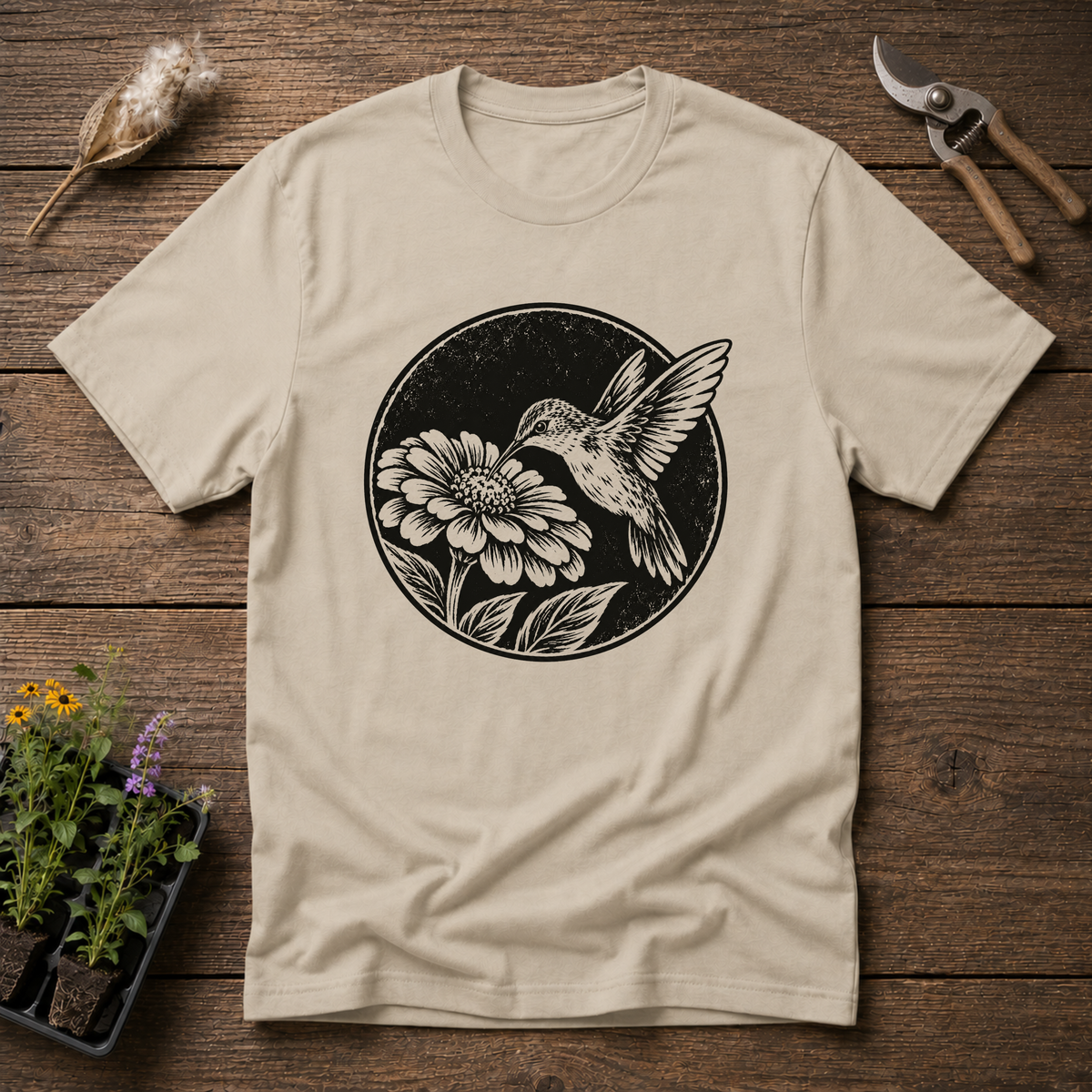 Hummingbird & Zinnia T-Shirt in Sand