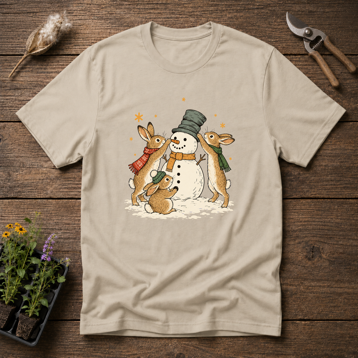 Bunny Snowman Builders T-Shirt in Sand