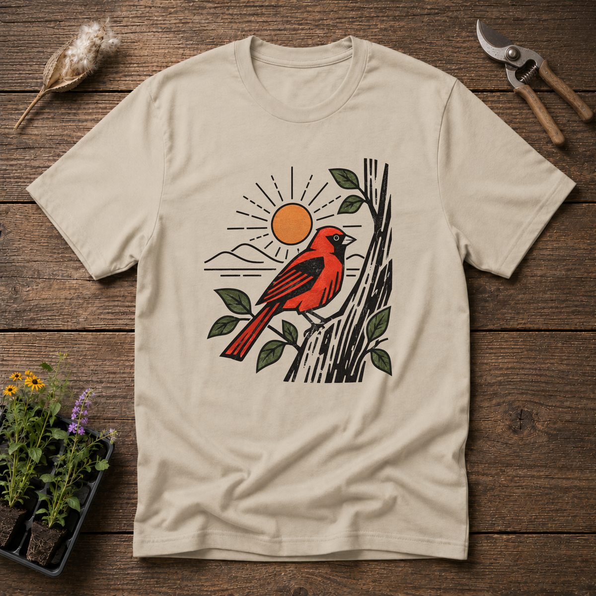 Scarlet Tanager Bird T-Shirt in Sand