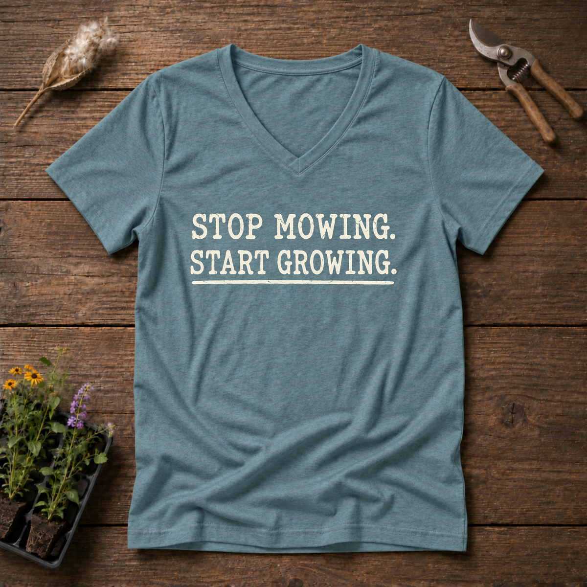 Stop Mowing V-Neck Tee