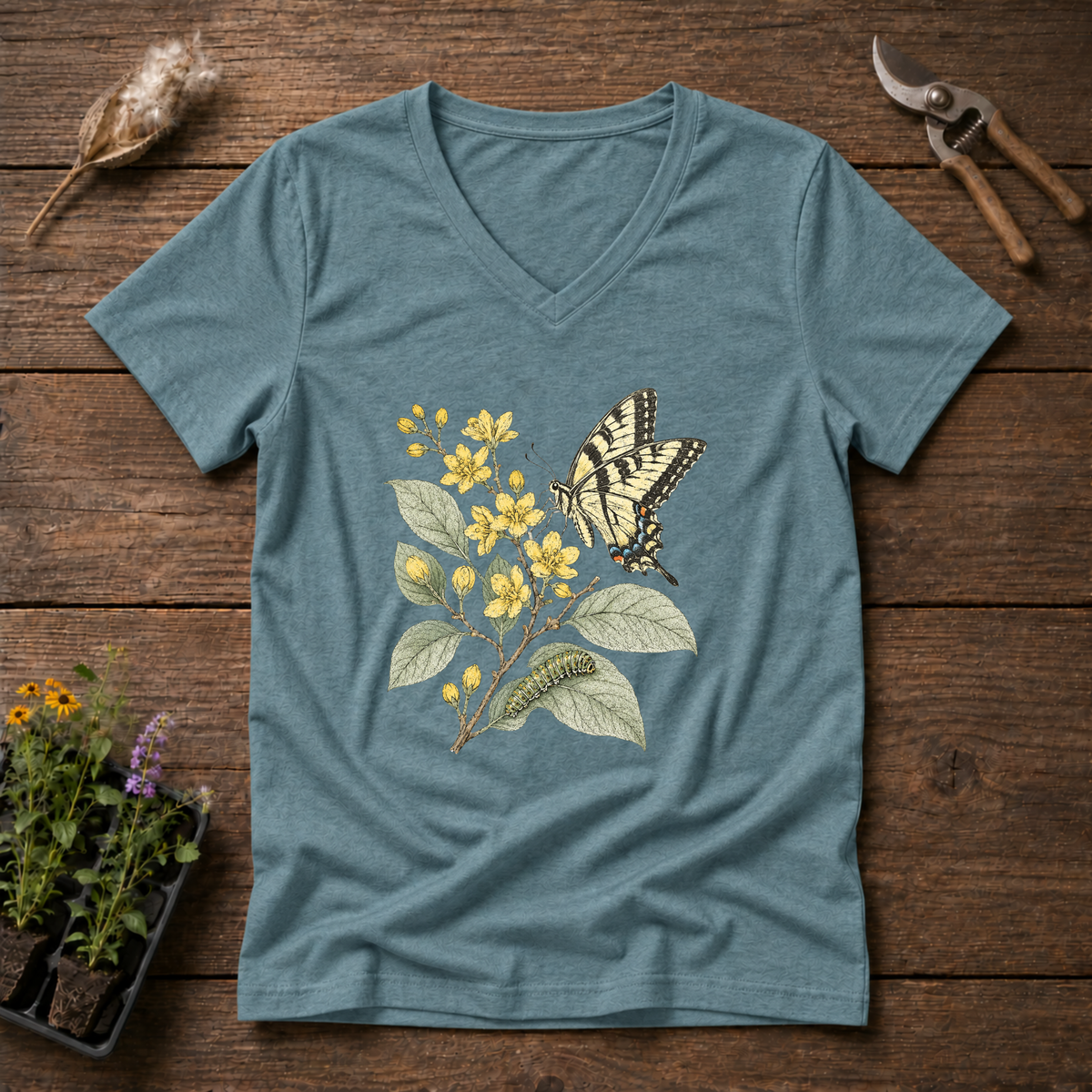 Tiger Swallowtail V-Neck Tee in Slate