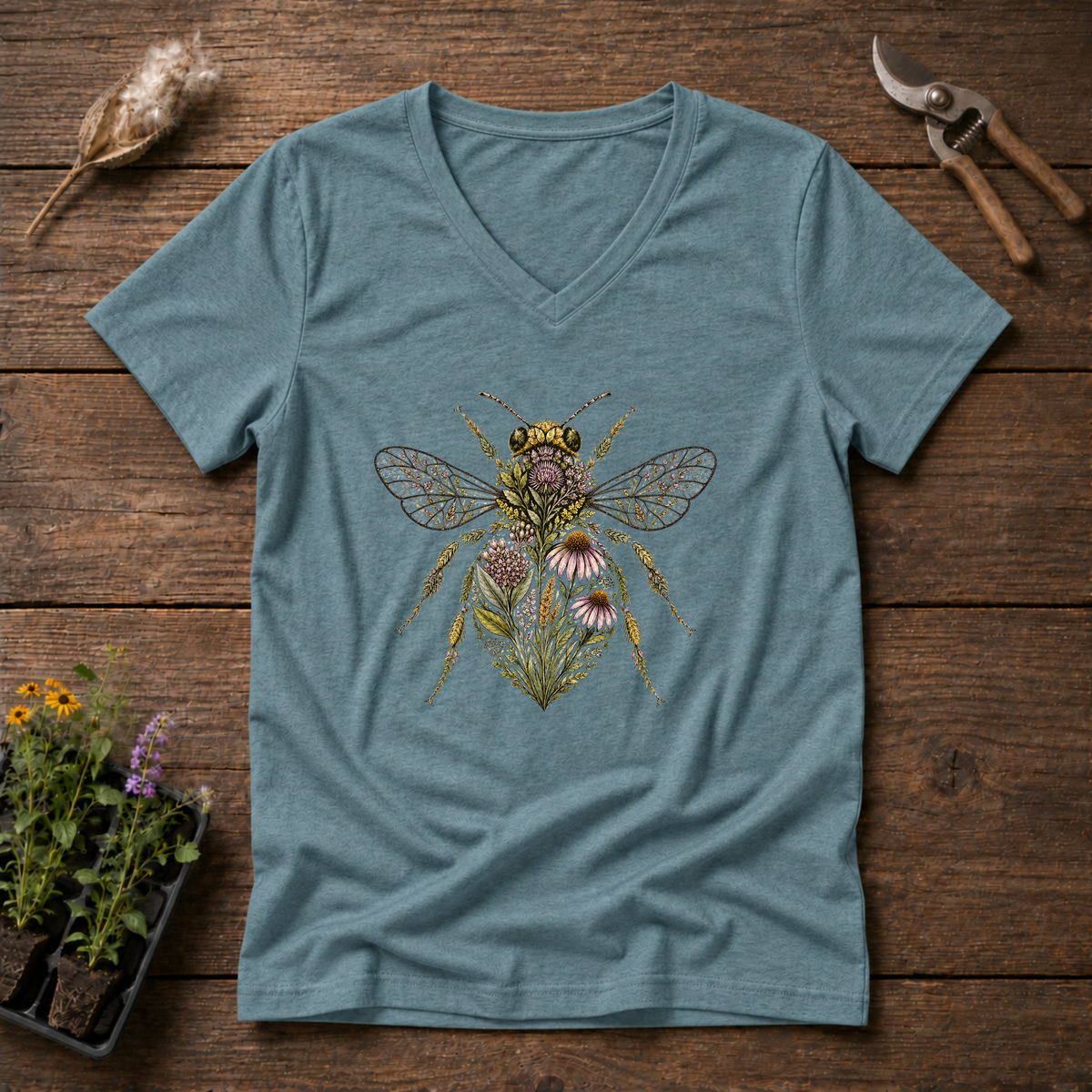 Botanical Bee V-Neck Tee in Slate