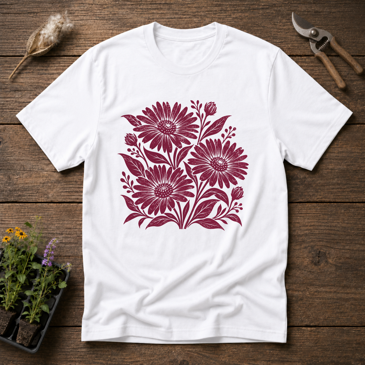 Retro Linocut Asters T-Shirt