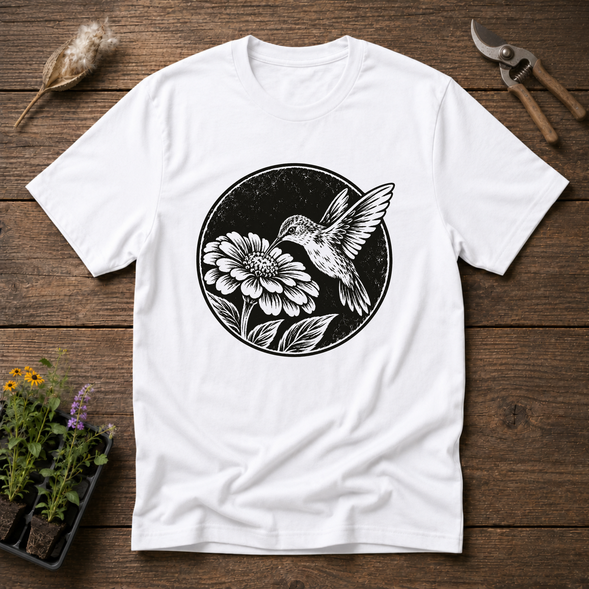 Hummingbird & Zinnia T-Shirt in White