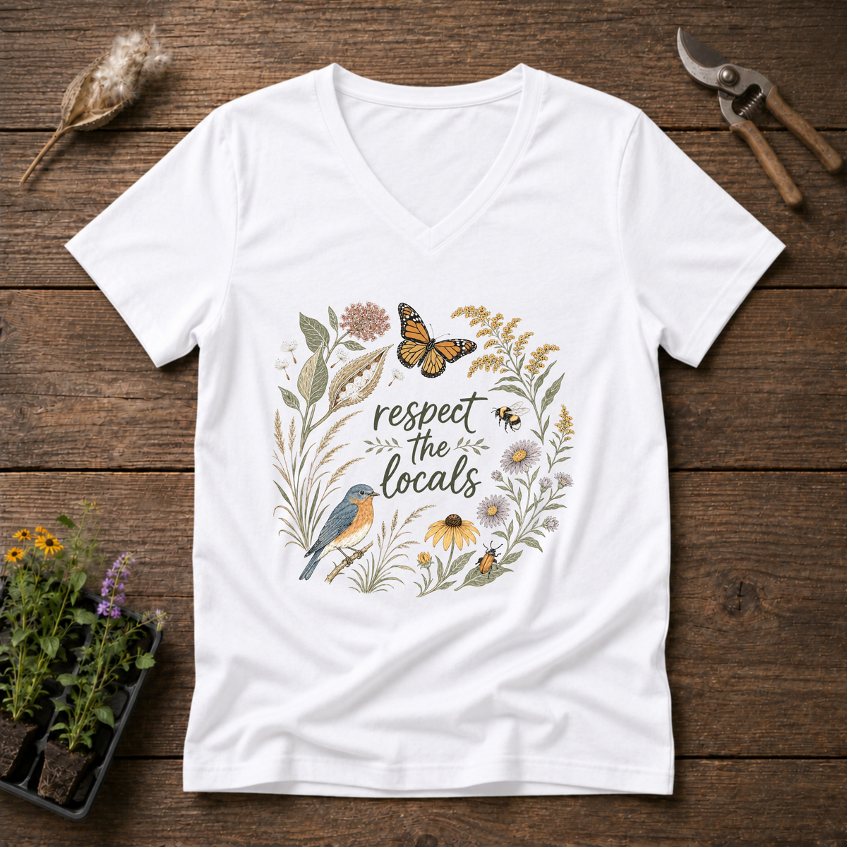Respect The Locals V-Neck Tee in White