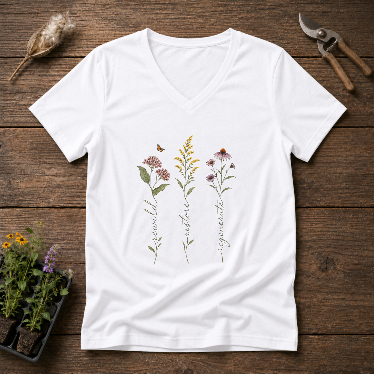 Rewild Restore Regenerate V-Neck Tee in White