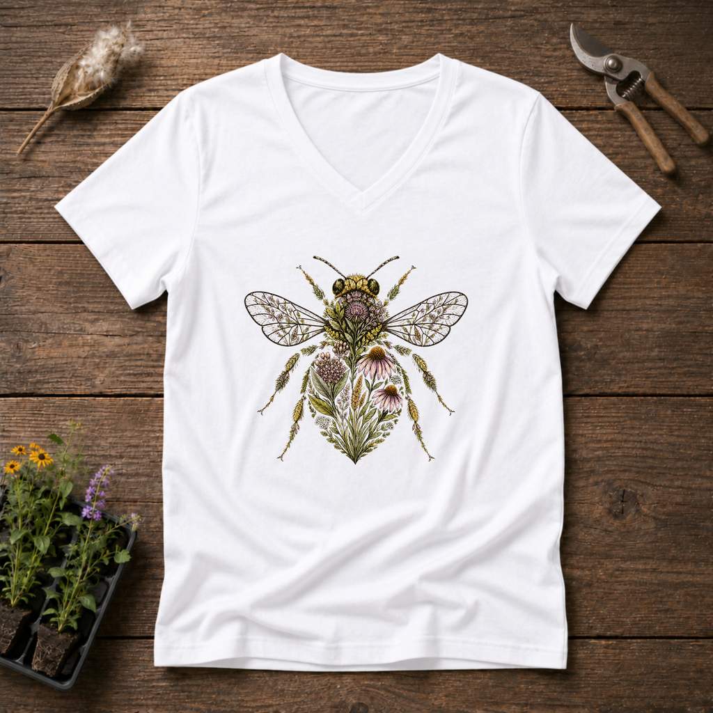 Botanical Bee V-Neck Tee in White
