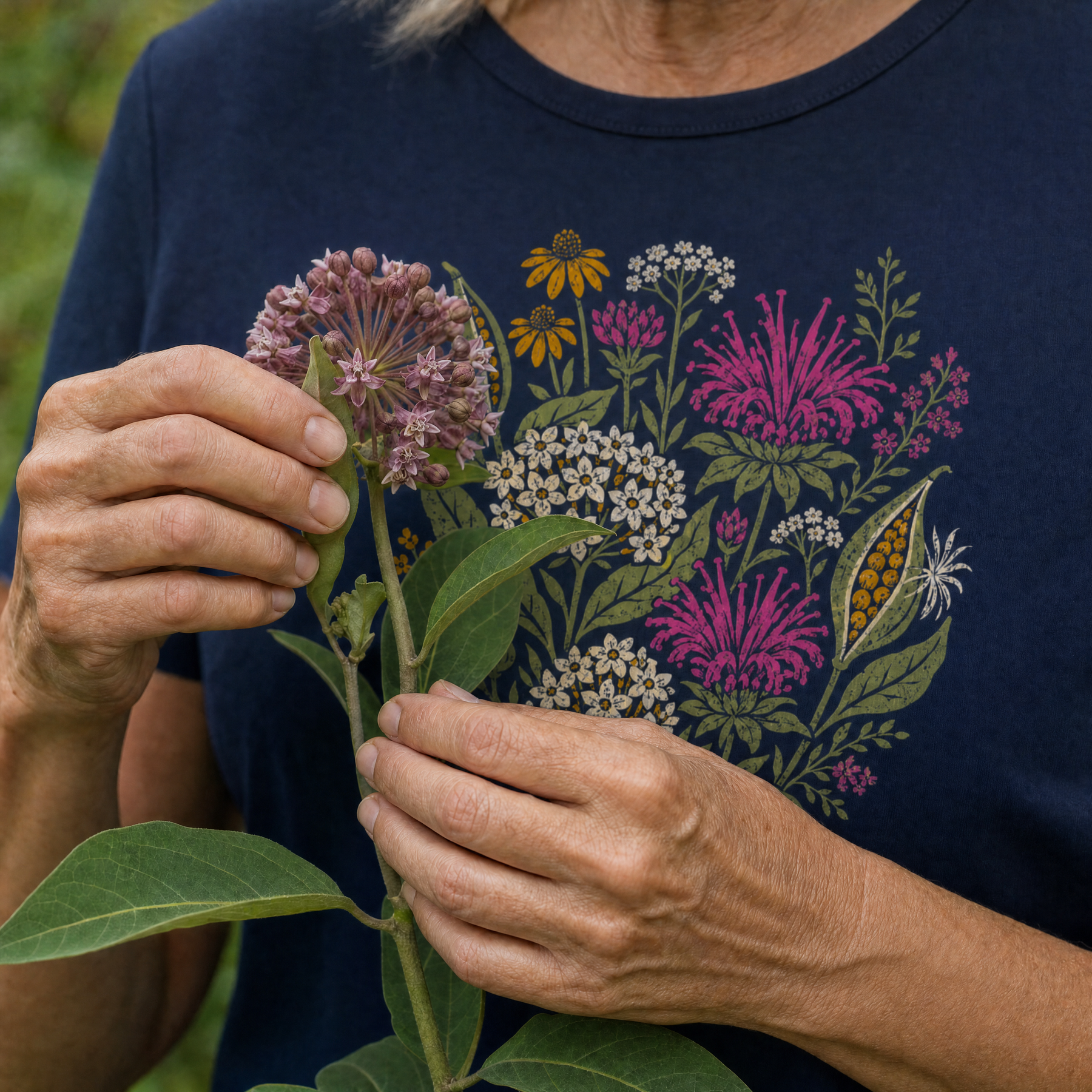 Hands among native plants with a Wild Yard Club tee partly visible