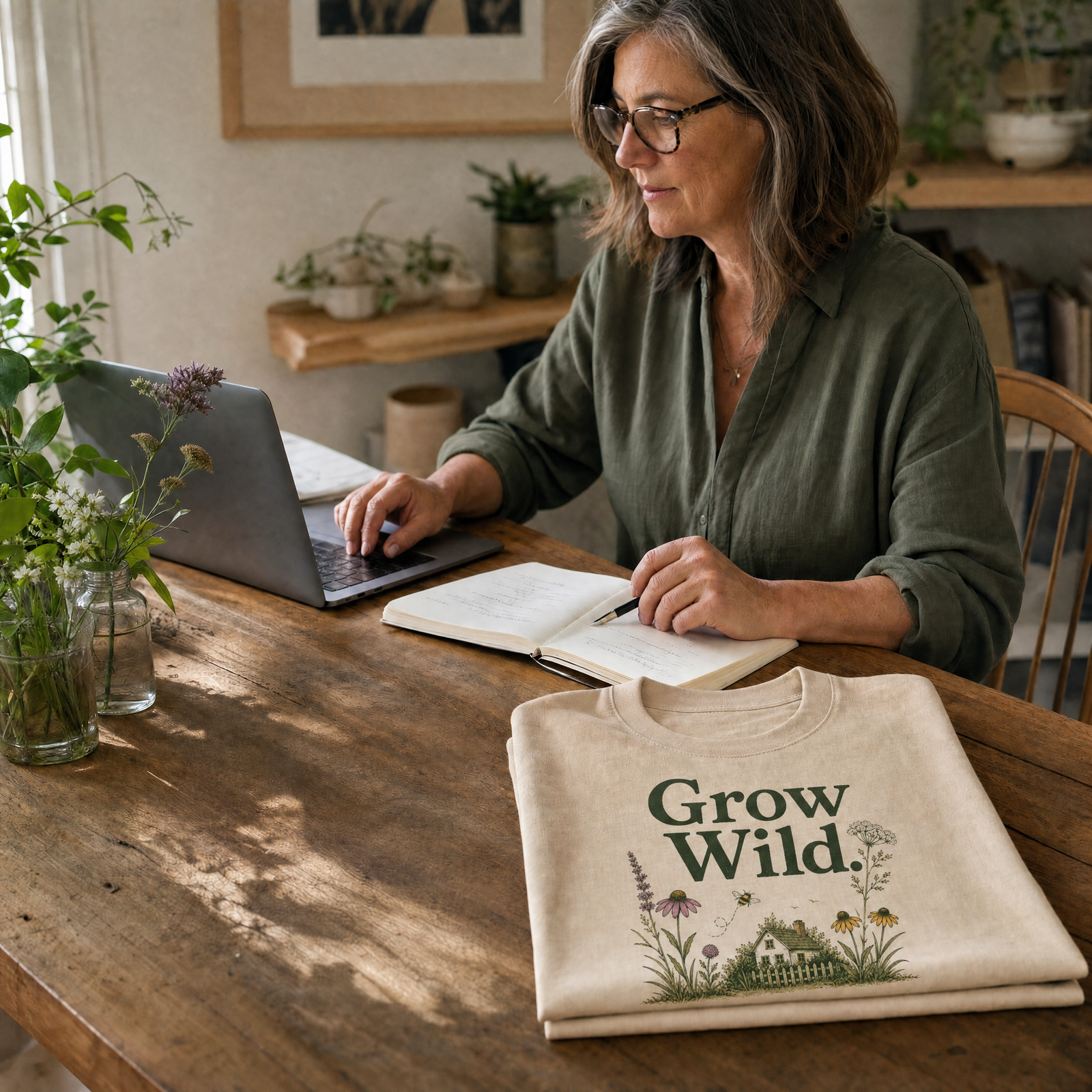 A person answering a customer message beside a folded Wild Yard tee