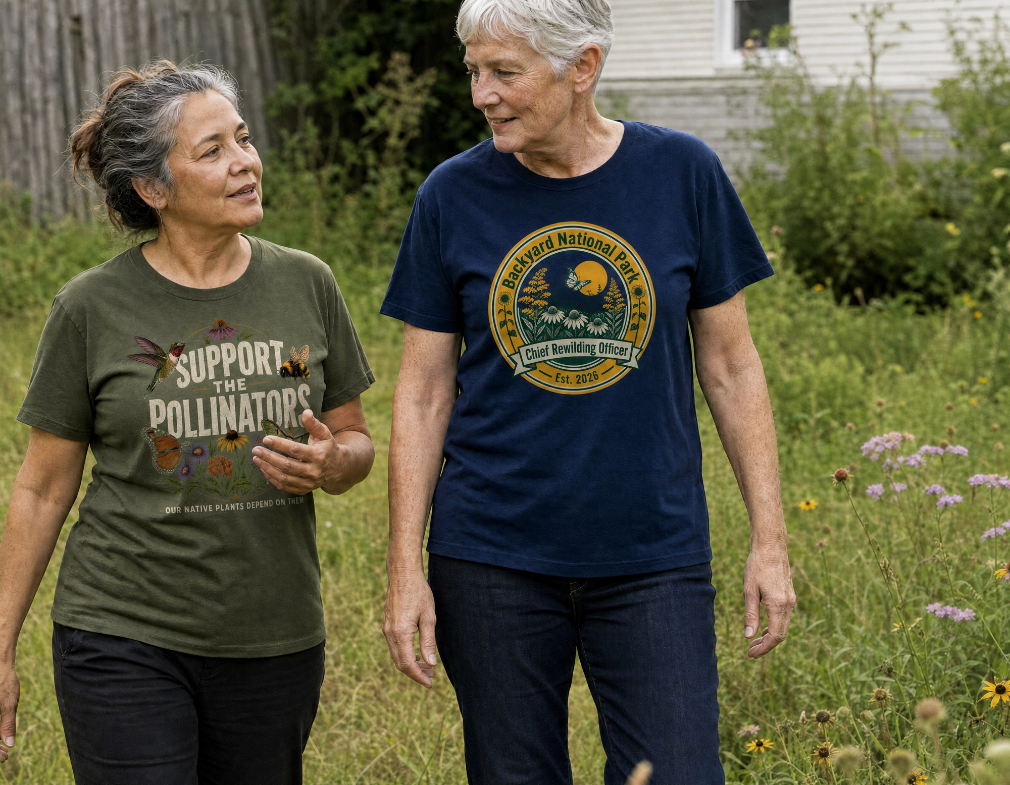 Two people in a naturalized garden wearing Wild Yard Club tees