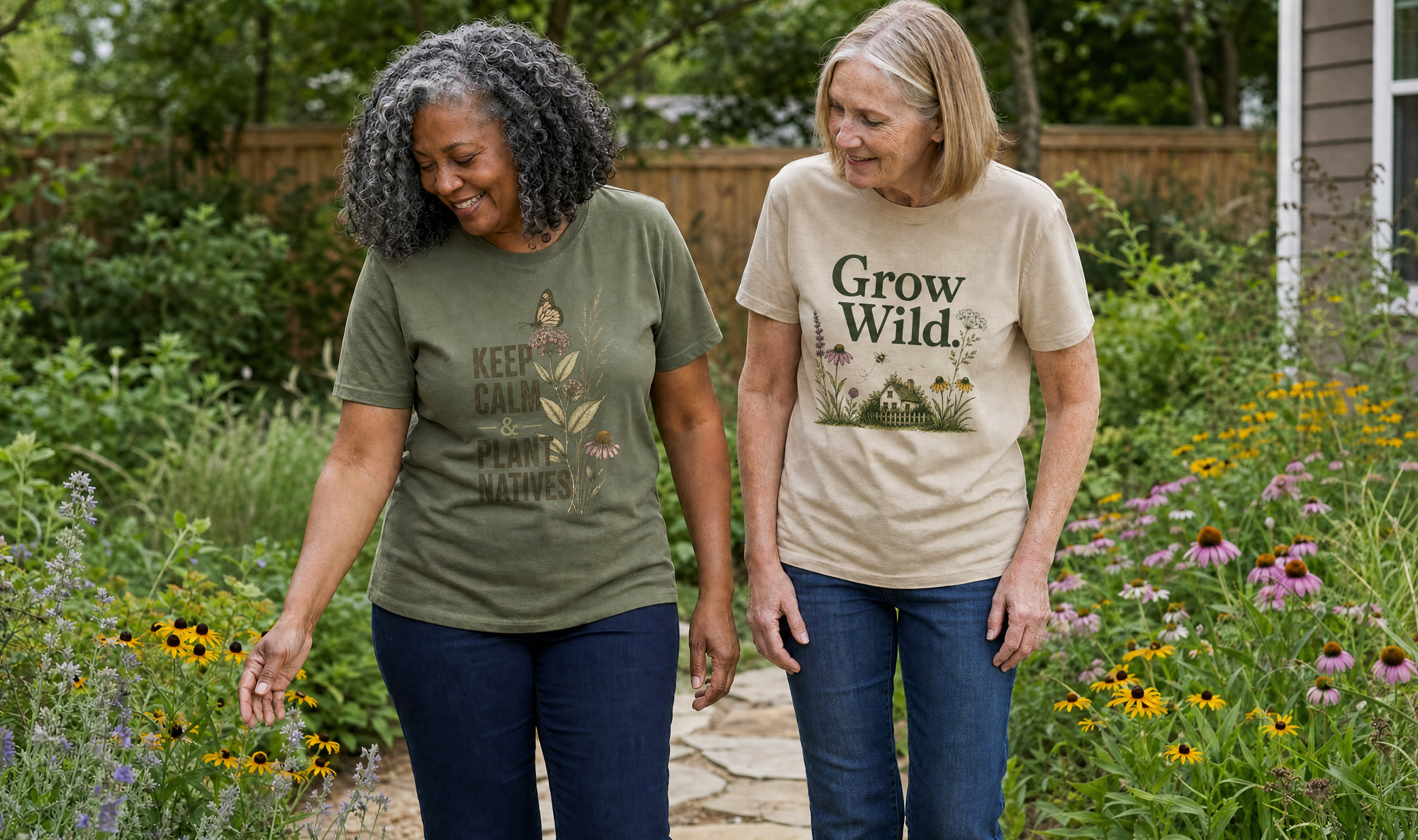 Two Wild Yard customers spending time in a native garden