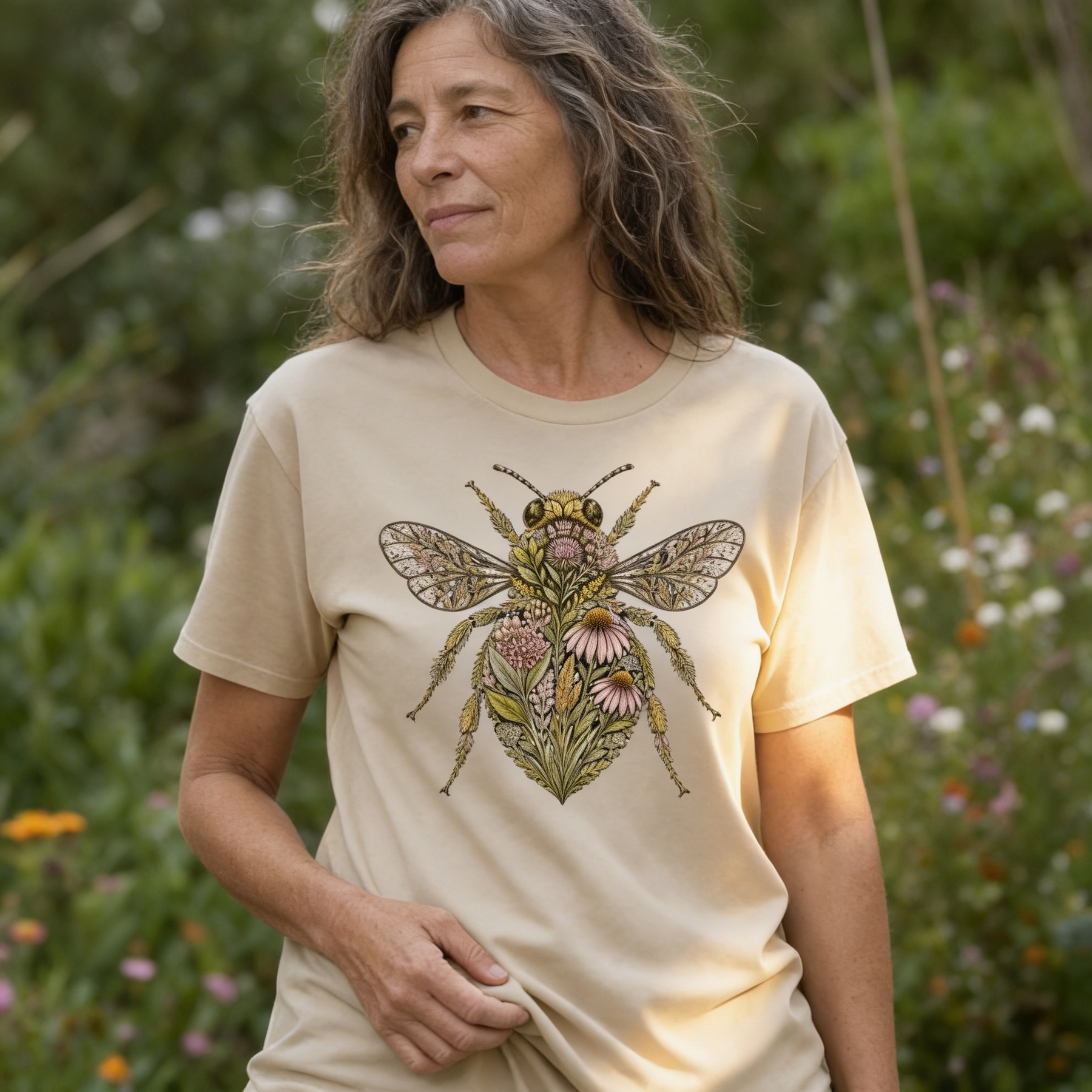 Woman wearing a sand Botanical Bee tee in a native garden